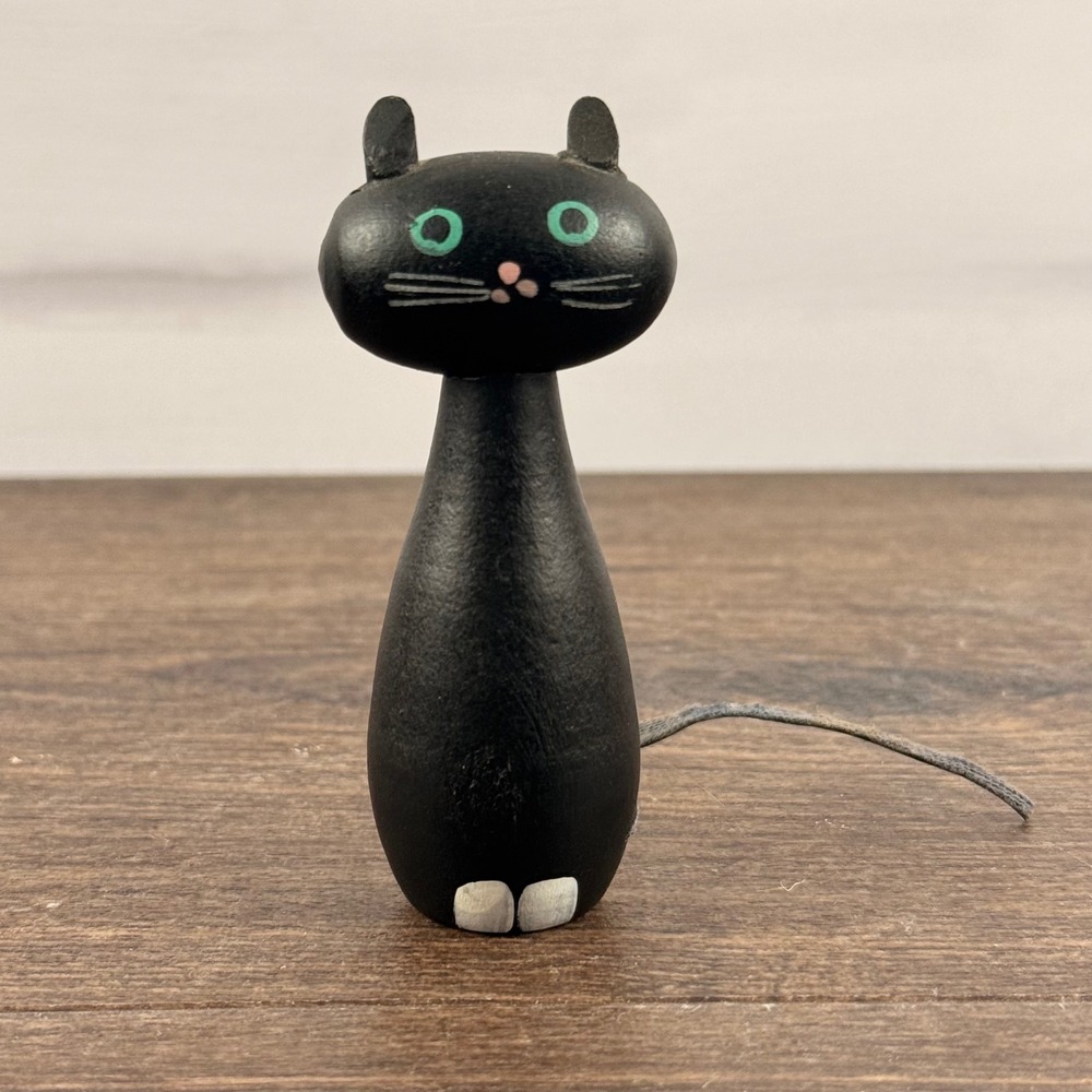 Swedish Black Wooden Cat Figurine Leather Tail Mid Century Modern Vintage
